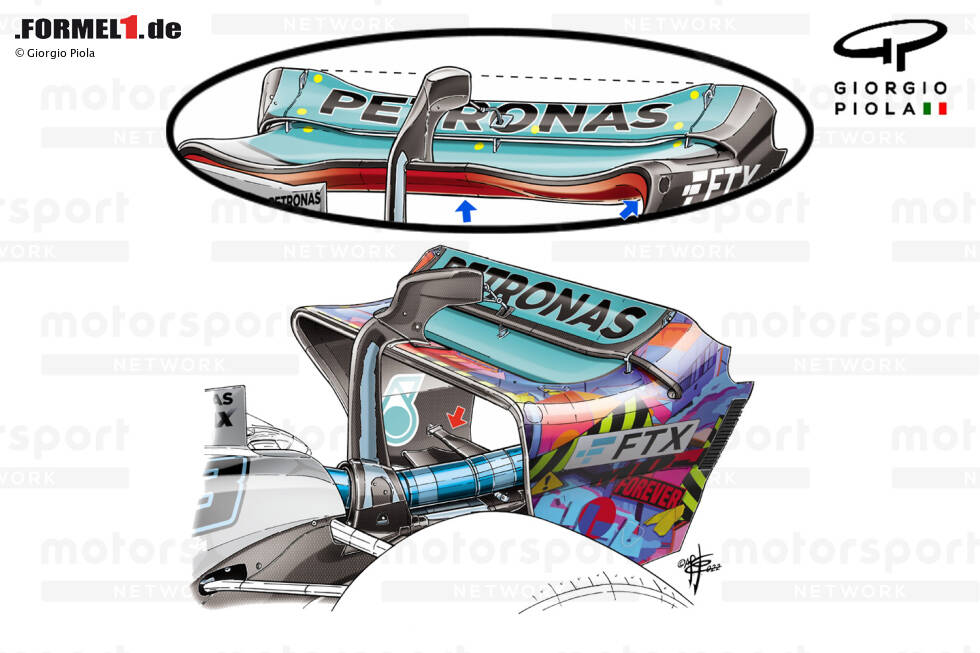 Foto zur News: Ein Vergleich der beiden Low-Downforce-Optionen, die Mercedes zu diesem Zeitpunkt zur Verfügung standen. Die Vorderkante der Hauptebene und der Radius der Endplatte sind bei beiden Spezifikationen sehr unterschiedlich (blauer Pfeil), während der Beam-Wing (roter Pfeil) ebenfalls subtile Unterschiede im äußeren Bereich aufwies.