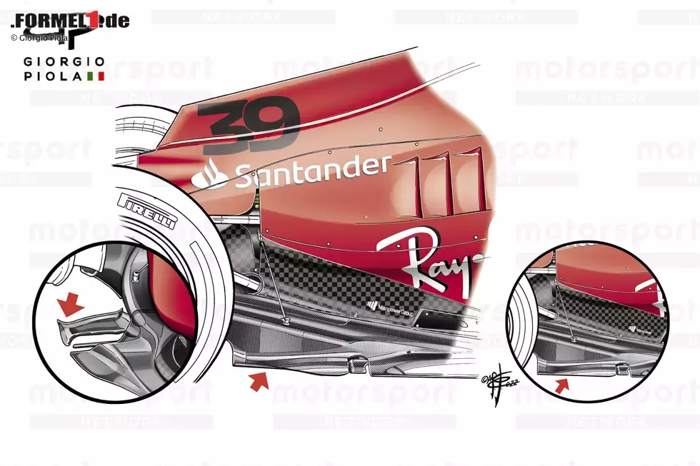 Foto zur News: Um einige reale Daten für 2023 zu sammeln, testete Ferrari beim letzten Rennen der Saison in Abu Dhabi eine andere Unterbodenspezifikation. Dieser wies einen überarbeiteten Abschnitt direkt vor den Hinterrädern auf, wobei die Lippe des Unterbodens nach oben gerollt und nicht nach unten gedreht war (rechts im Bild).