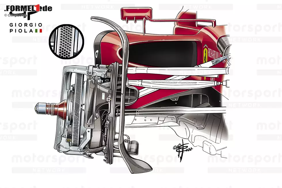 Foto zur News: Die vordere Bremsanlage: Man sieht den Einlass und die Rohrleitungen, die den Bremssattel mit kühler Luft versorgen und mit einer thermischen Beschichtung behandelt sind. Ferrari hat die Bremsscheibe auch nicht mit einer Verkleidung versehen, was sich auf die Wärmeübertragung zwischen den verschiedenen Oberflächen auswirkt.