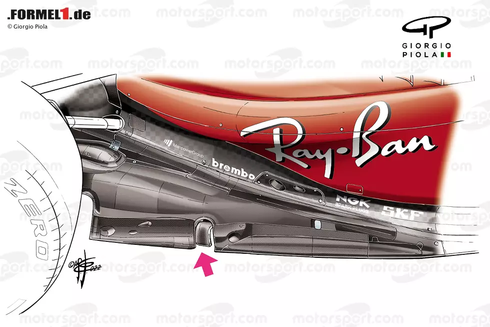 Foto zur News: Das ursprüngliche Design der Unterbodenkante sah einen kleinen Ausschnitt im hinteren Drittel des Unterbodens vor, mit einem weiteren zungenförmigen Flügel. Der Flügel, die sich auf einer anderen Höhe als der Unterbodens befand, sollte dazu beitragen, den Luftstrom vor dem Hinterreifen umzuleiten.