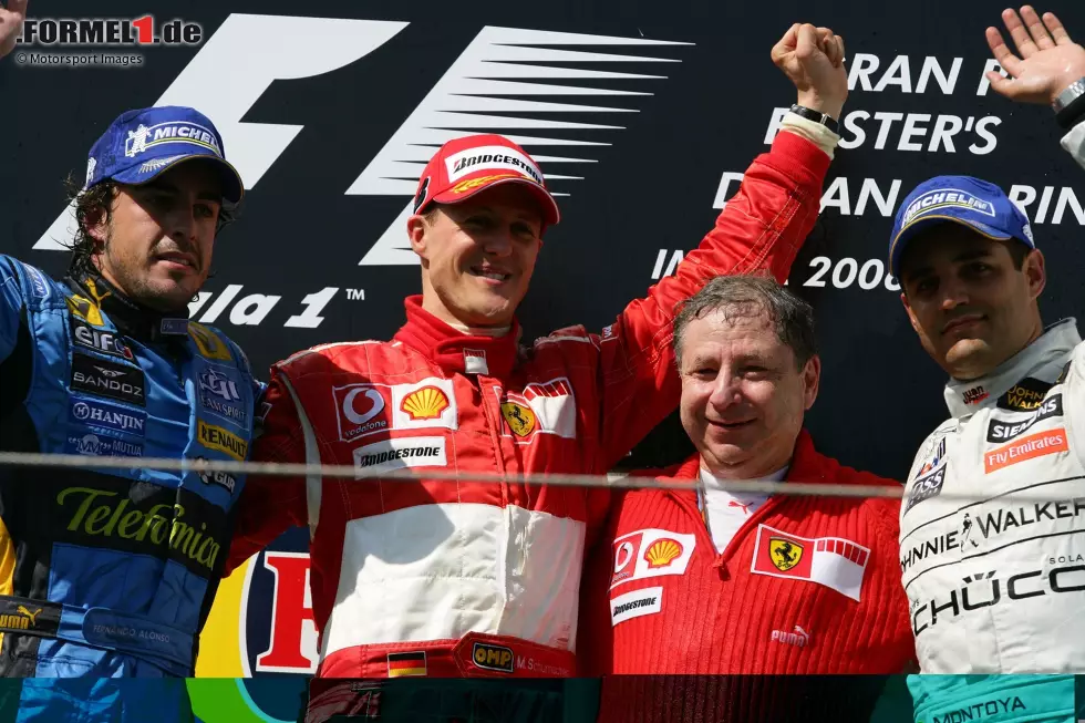 Foto zur News: 2006 (als San-Marino-Grand-Prix): Michael Schumacher (Ferrari) vor Fernando Alonso (Renault) und Juan Pablo Montoya (McLaren)