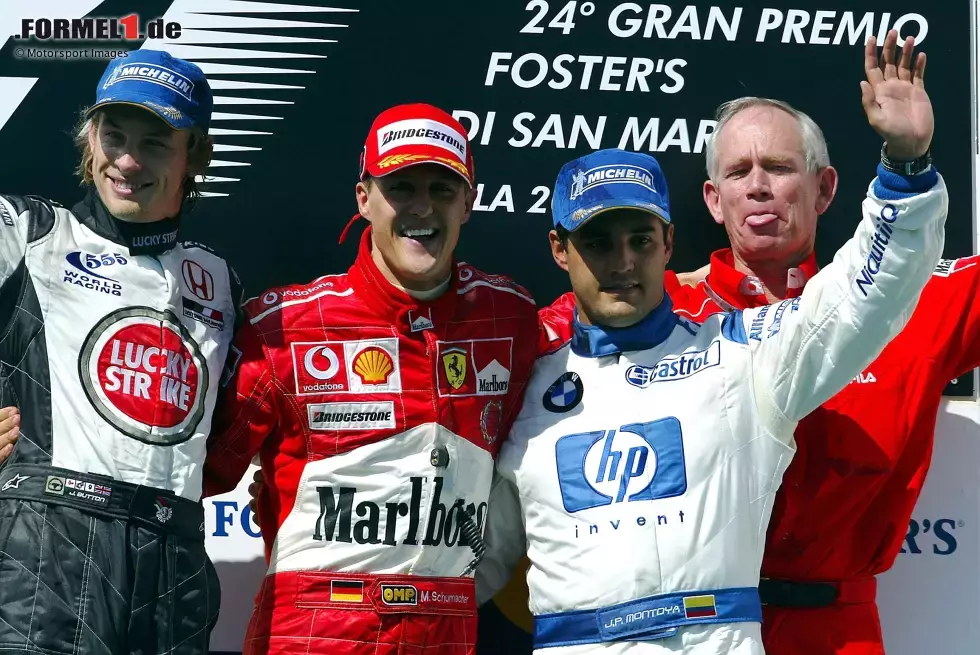 Foto zur News: 2004 (als San-Marino-Grand-Prix): Michael Schumacher (Ferrari) vor Jenson Button (BAR) und Juan Pablo Montoya (Williams)