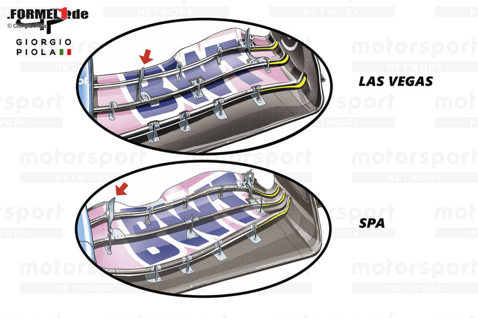 Foto zur News: Beim Großen Preis von Las Vegas kehrte das Team zu seinem Frontflügeldesign vom Anfang der Saison zurück, wobei die Flap-Verteilung (gelb hervorgehoben) und der Verstellmechanismus (roter Pfeil) geändert wurden.