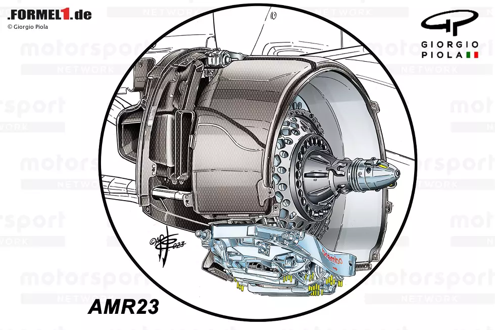 Foto zur News: Aston Martin war eines der wenigen Teams, das röhrenförmige Kühlrippen an den Bremssätteln einsetzte, um Gewicht zu sparen und die Kühlung zu verbessern (gelb markiert).