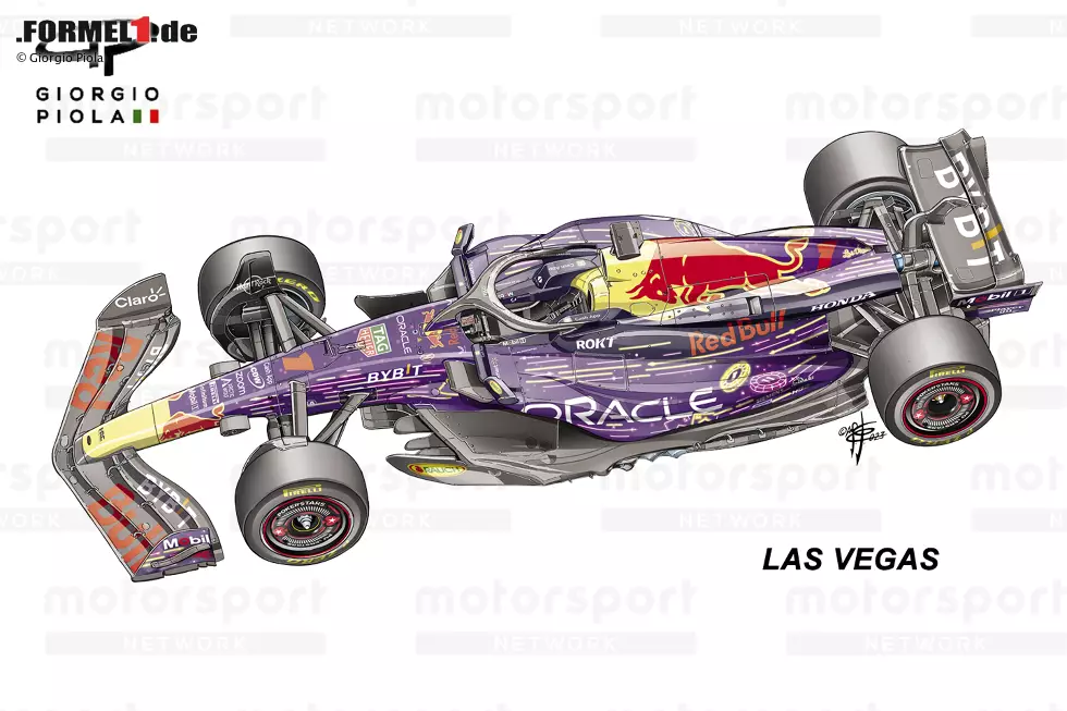 Foto zur News: Ebenfalls in Las Vegas setzte Red Bull eine weitere Sonderlackierung ein für den RB19. Technisch passierte im Endspurt der Saison 2023 aber nicht mehr viel: Das letzte Update zugunsten einer besseren Kühlung hatte das Team schon zwei Rennen zuvor in Mexiko eingesetzt.