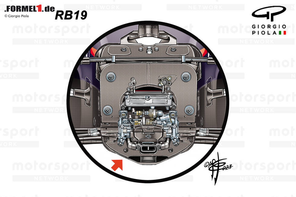 Foto zur News: Im Vergleich zum Vorjahr modifiziert ist die Unterseite der Frontpartie: Hier hat Red Bull beim RB19 eine V-Form eingebaut, wo beim Vorjahresmodell RB18 ...