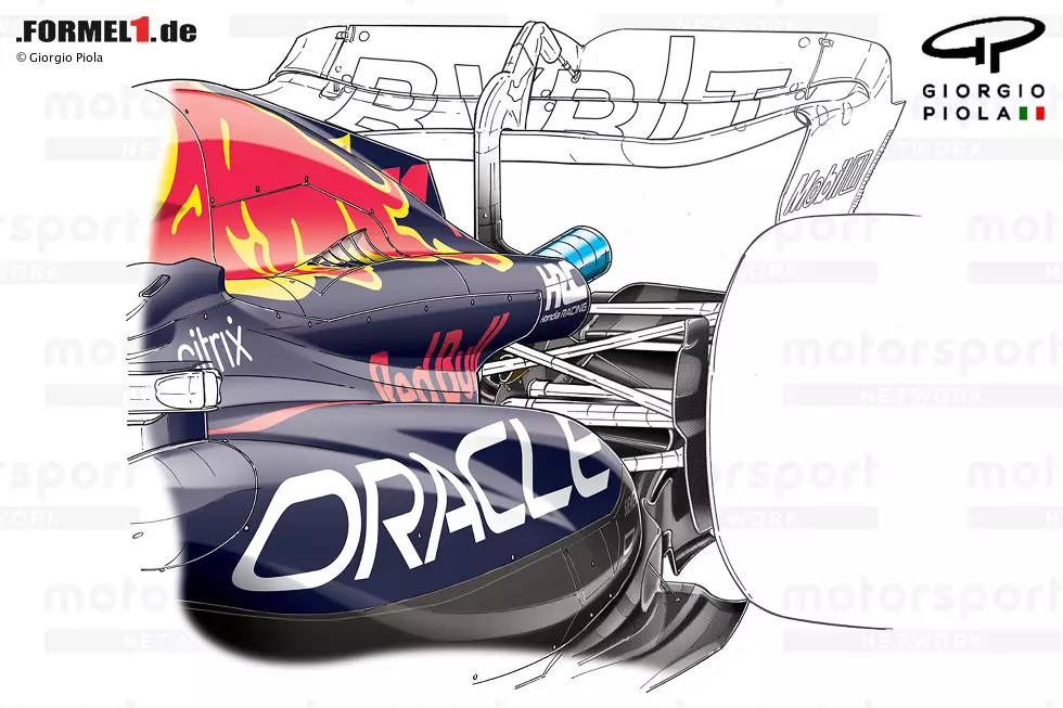 Foto zur News: In Silverstone wurden auch Schritte unternommen, um die aerodynamischen und kühlenden Eigenschaften des Seitenkastens und der Motorabdeckung des RB18 zu verbessern, indem das Team einen regalartigen Vorsprung einführte, der vom hinteren Teil des Halos nach hinten zum Kühlauslass am Heck führte.