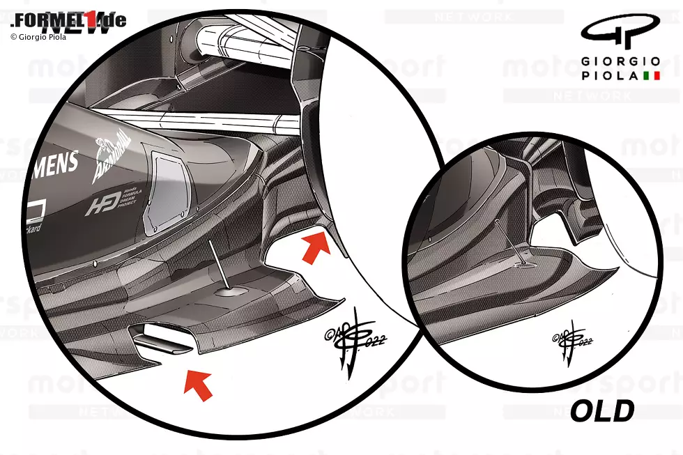 Foto zur News: Red Bull folgte dem Beispiel von Ferrari und führte in Silverstone ein neues Feature ein. An der Seite der Kufe wurde eine horizontale Finne angebracht, die aus einer Aussparung am Rand des Bodens herausragt. Diese Finne bewegte sich vertikal mit der Kufe mit, was das Reifensquirt-Phänomen bekämpfen sollte.