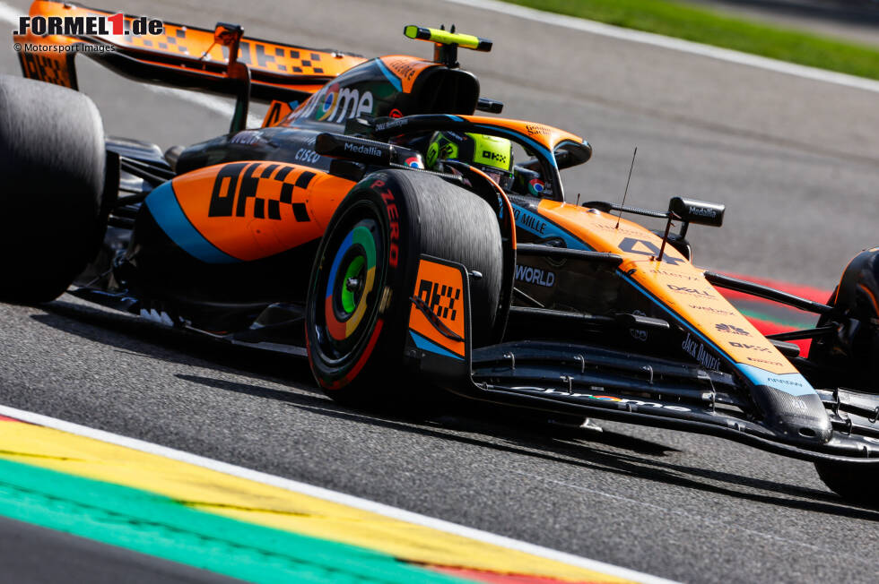 Foto zur News: Lando Norris (3): Bis zum Rennen in allen Sessions der langsamere McLaren-Pilot. Doch im Gegensatz zum Teamkollegen brachte er das Auto im Rennen ins Ziel und holte als Siebter an einem schwierigen Tag noch wichtige Punkte. Trotzdem kein wirklich &quot;gutes&quot; Wochenende von ihm.