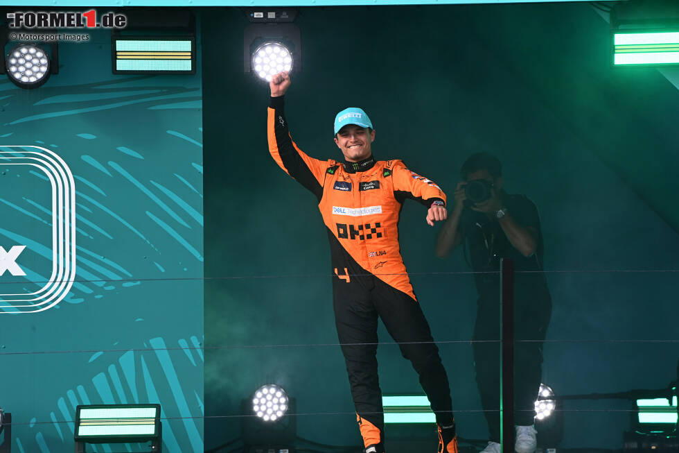 Foto zur News: 6. Miami: Wie im echten Leben auch gewinnt Norris in Miami - allerdings nicht erst seinen ersten GP. Die meisten Punkte des Wochenendes holt allerdings Sprintsieger Leclerc, weil Norris da am Start ausscheidet. Stand: 1. Perez (132), 2. Leclerc (116), 3. Norris (97), 4. Sainz (96), 5. Piastri (52).