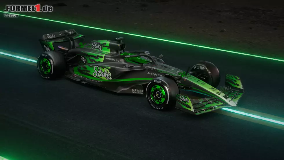 Foto zur News: Las Vegas: Sauber setzt beim Rennen auf dem amerikanischen Stadtkurs auf ein Flammen-Design. Den Grundfarben der Saison 2024 bleiben die Schweizer allerdings treu und ...