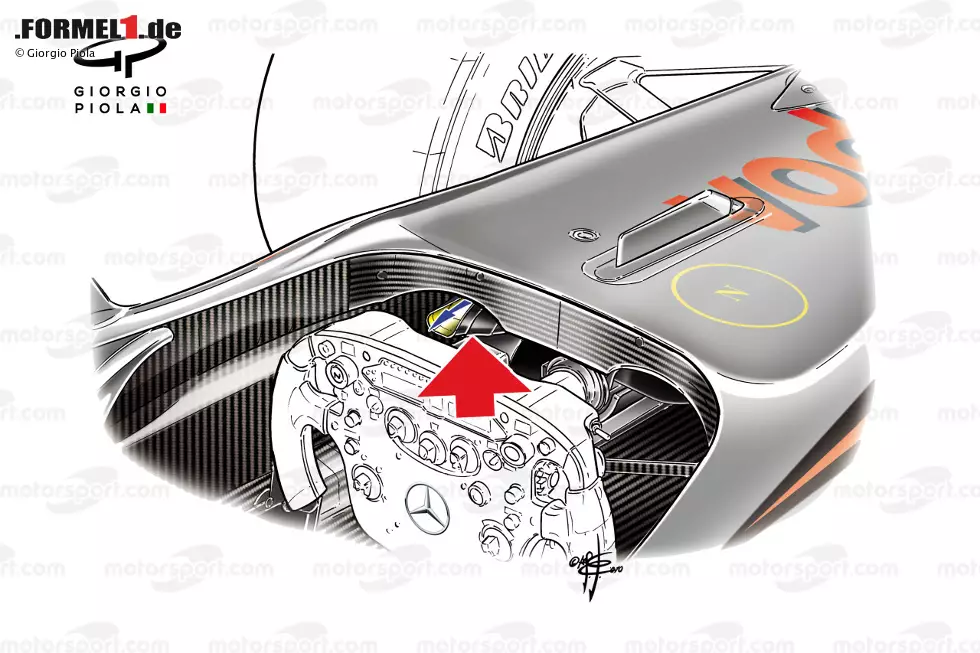 Foto zur News: Ebenfalls 2010 überrascht McLaren mit dem sogenannten F-Schacht. Dabei handelt es sich um einen Luftführungskanal durch das Auto, der vom Fahrer im Cockpit zum Beispiel per Handbewegung beeinflusst werden kann. Im aktivierten Zustand ...