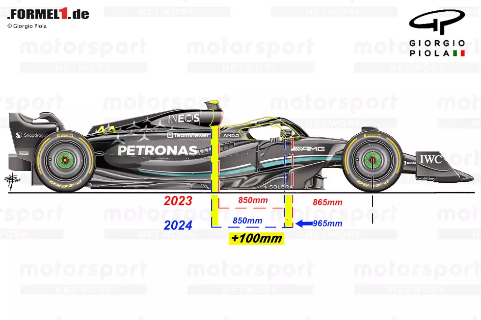 Foto zur News: Mercedes: Lewis Hamilton hat die Sitzposition im W14 von 2023 kritisiert, nun ist das Cockpit im W15 weiter hinten angesetzt. Der Fahrer sitzt damit weiter von der Vorderachse entfernt. Der Unterschied zum Vorjahr: zehn Zentimeter.