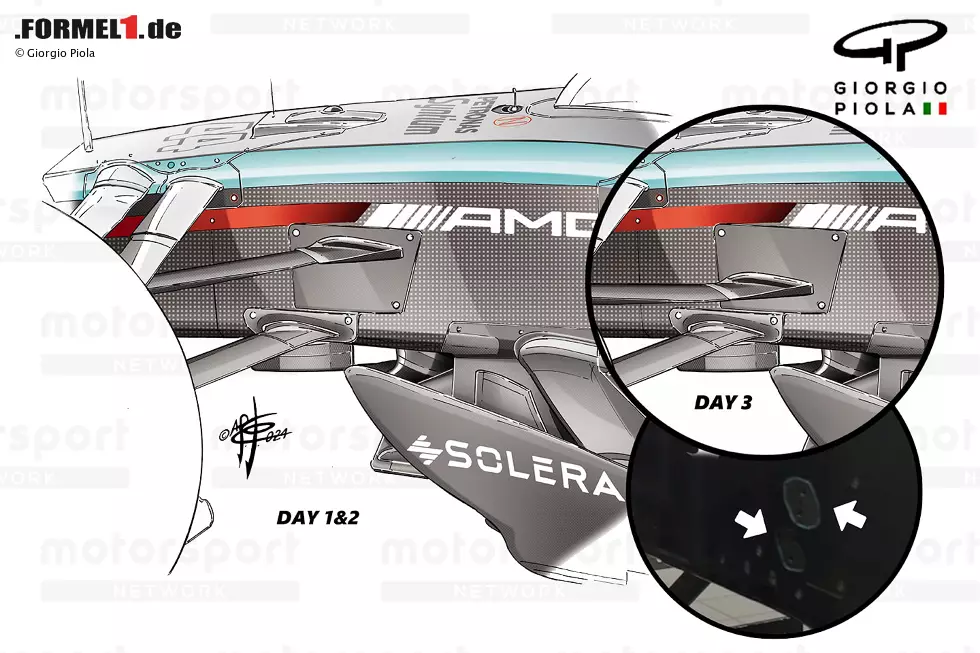 Foto zur News: Mercedes: Der verstellbare hintere obere Querlenker an der Vorderachse gibt dem Team mehr Set-up-Möglichkeiten und dient zugleich der aerodynamischen Optimierung. Das Bild unten zeigt die beiden Anknüpfungspunkte am Chassis.