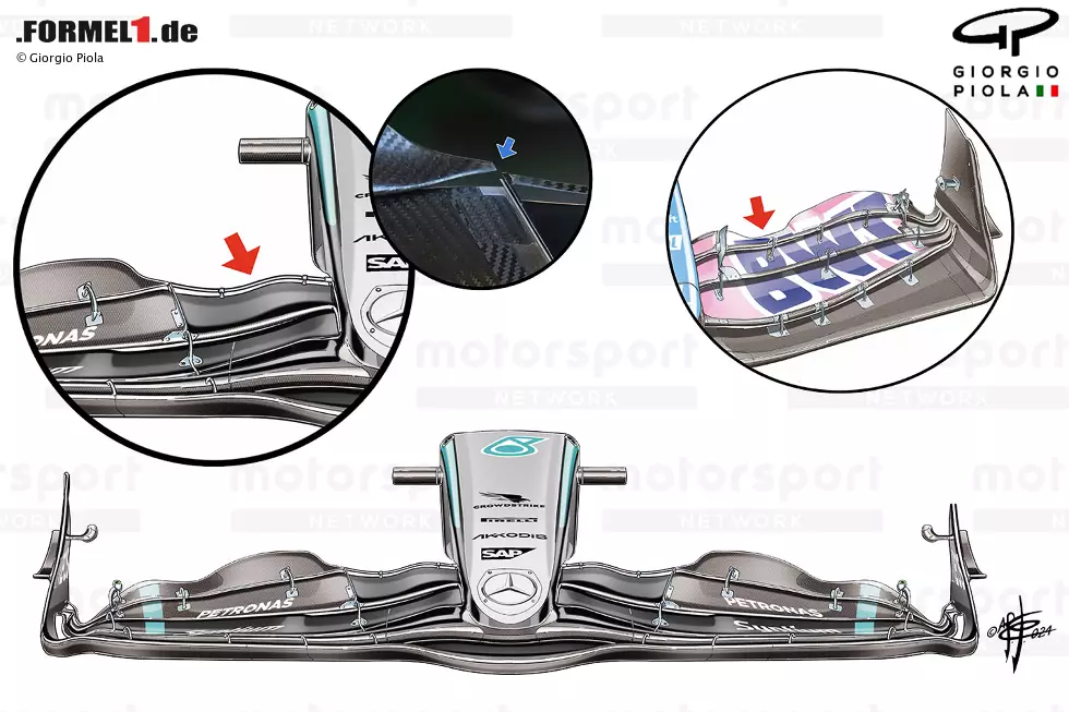 Foto zur News: Mercedes: Der obere Flap am Frontflügel ist innen stark geschrumpft, um gerade noch die Regel-Vorgaben zu erfüllen. Alpine hat ebenfalls schon mal mit einem solchen Stummel-Flügel experimentiert (oben rechts). Neu ist außerdem, dass der obere Flap nicht direkt anschließt (kleinstes Bild).