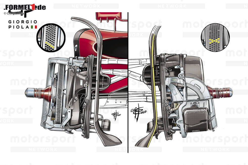 Foto zur News: Ein Vergleich zwischen der vorderen Bremsanlage des F1-75 (links) und des SF-23 (rechts) zeigt, wie die Scuderia den Bremssattel in eine tief liegende Position gebracht hat, um die Scheibenverkleidung zu übernehmen. Außerdem wurde ein neues Bohrmuster gewählt, um die Temperaturen in einem breiteren Bereich besser kontrollieren zu können.