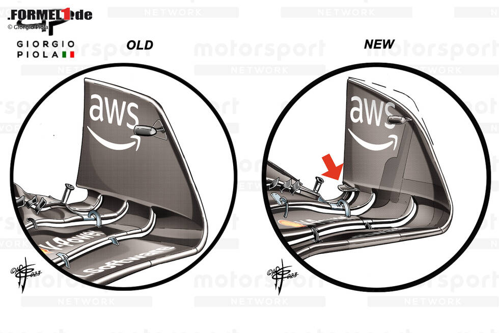 Foto zur News: Beim Großen Preis von Österreich kam ein neues Frontflügeldesign zum Einsatz, bei dem die C-förmige Aussparung in der Endplatte wieder aufgefüllt und stattdessen ein kleines Winglet eingebaut wurde. Auch die Form der Vorderkante der Endplatte wurde verändert (gestrichelte Linie).