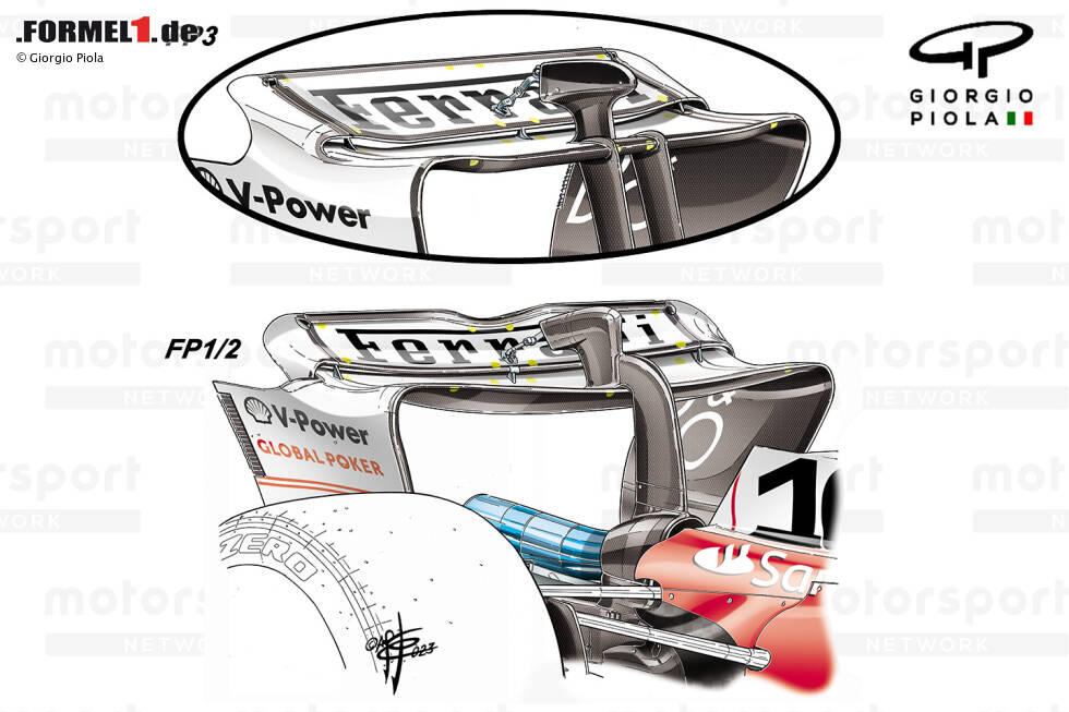 Foto zur News: Der SF-23 wurde in Las Vegas mit zwei Lösungen ausgestattet, da das Team nach der richtigen Balance zwischen dem erforderlichen Abtrieb (Spezifikation für den Belgien-GP) und dem Geschwindigkeitsvorteil auf der Geraden (Spezifikation für den Italien-GP) suchte.