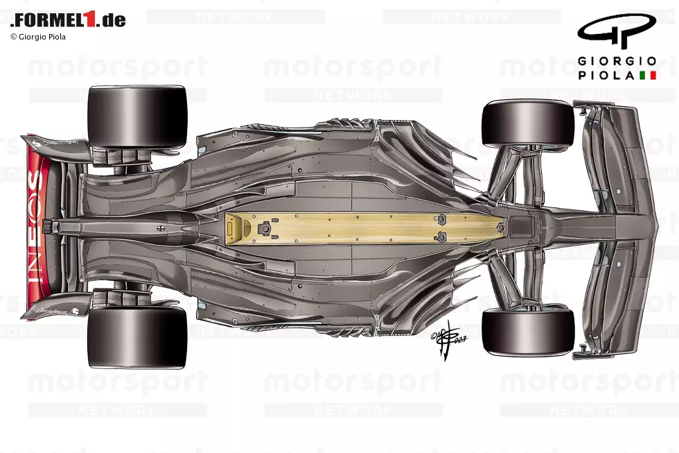 Foto zur News: Ein Abflug von Lewis Hamilton beim Großen Preis von Monaco führte dazu, dass der W14 von der Rennstrecke gehoben wurde und uns einen seltenen Blick auf den Unterboden gewährte, der voller komplexer Geometrien ist.