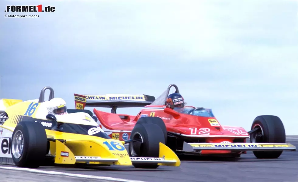 Foto zur News: ... aufgrund seines epischen Duells mit Renault-Fahrer Rene Arnoux beim Frankreich-Grand-Prix in Dijon: Im Kampf um Platz zwei beharken sie sich über drei Runden hinweg, am Ende bleibt Villeneuve knapp vorne. Die WM hingegen ...