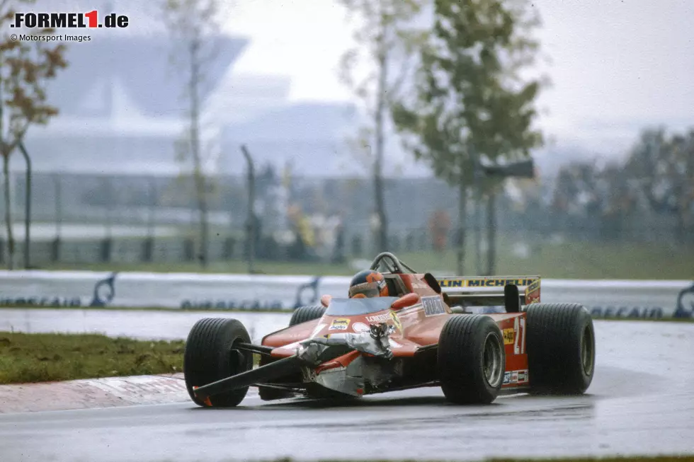 Foto zur News: Beim Heimrennen in Kanada ist Villeneuve im Nassen wieder schnell, aber mit beschädigtem Frontflügel über weite Strecken im Grand Prix fahrtechnisch eingeschränkt. Er bringt dennoch Platz drei ins Ziel und wird WM-Siebter. Sein Ferrari-Teamkollege Didier Pironi landet ohne Sieg auf Platz 13.