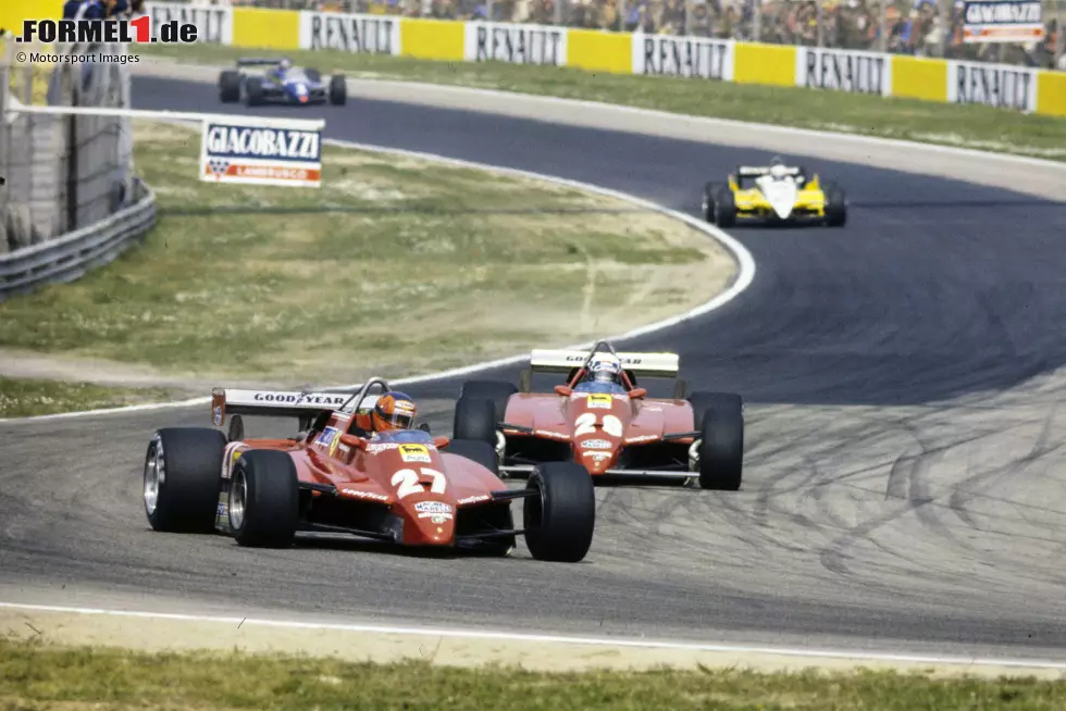 Foto zur News: Weil einige Teams das Rennen in Imola boykottieren und die restliche Konkurrenz ausfällt, hat Ferrari leichtes Spiel. Beide Fahrer sollen die Autos schonen und den Doppelsieg sicherstellen. Doch ganz zum Schluss zieht Pironi noch an Villeneuve vorbei und gewinnt, was ...