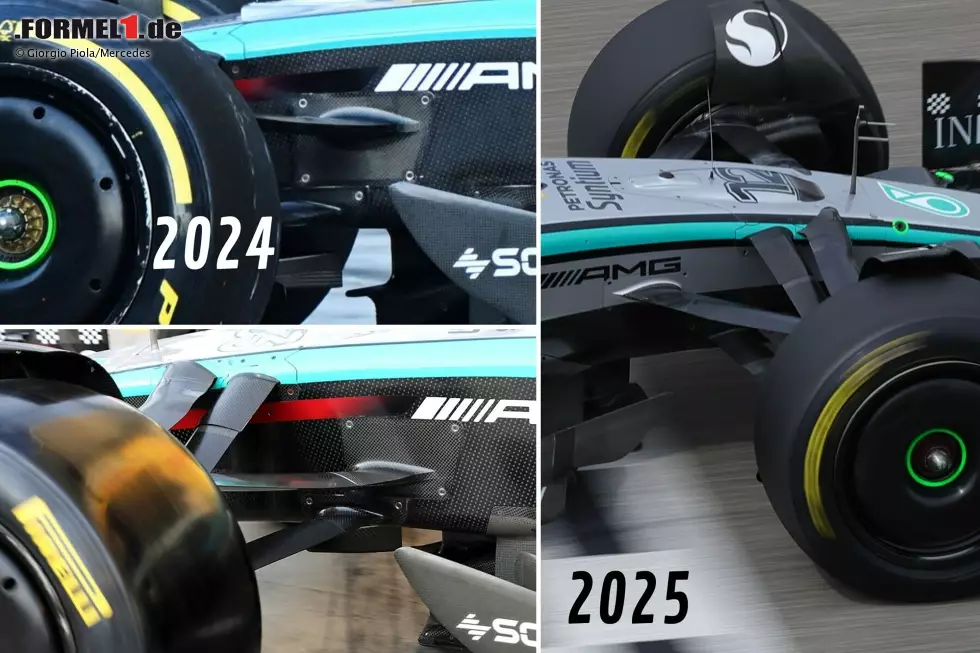 Foto zur News: 2024 hatte Mercedes einen &quot;flexiblen&quot; Querlenker an der Vorderachse, dessen Position am Chassis verändert werden konnte (Bilder links): Es gab eine höhere und eine tiefere Einstellung. 2025 scheint das Team auf diese Funktion zu verzichten und nutzt einen konventionellen Querlenker (rechts).