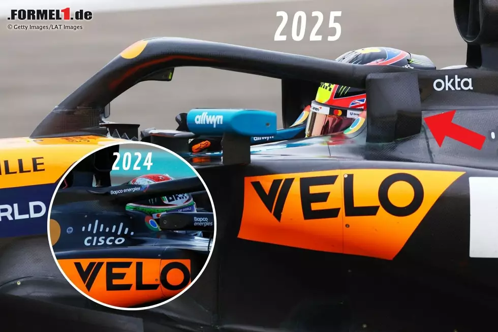 Foto zur News: McLaren setzt 2025 erstmals auf Cockpit-Winglets, die im unteren Teil zweigliedrig sind. Wie bei Aston Martin und Ferrari geht es auch für McLaren darum, den Luftstrom über die Motorhaube hin zum Heckflügel zu optimieren.