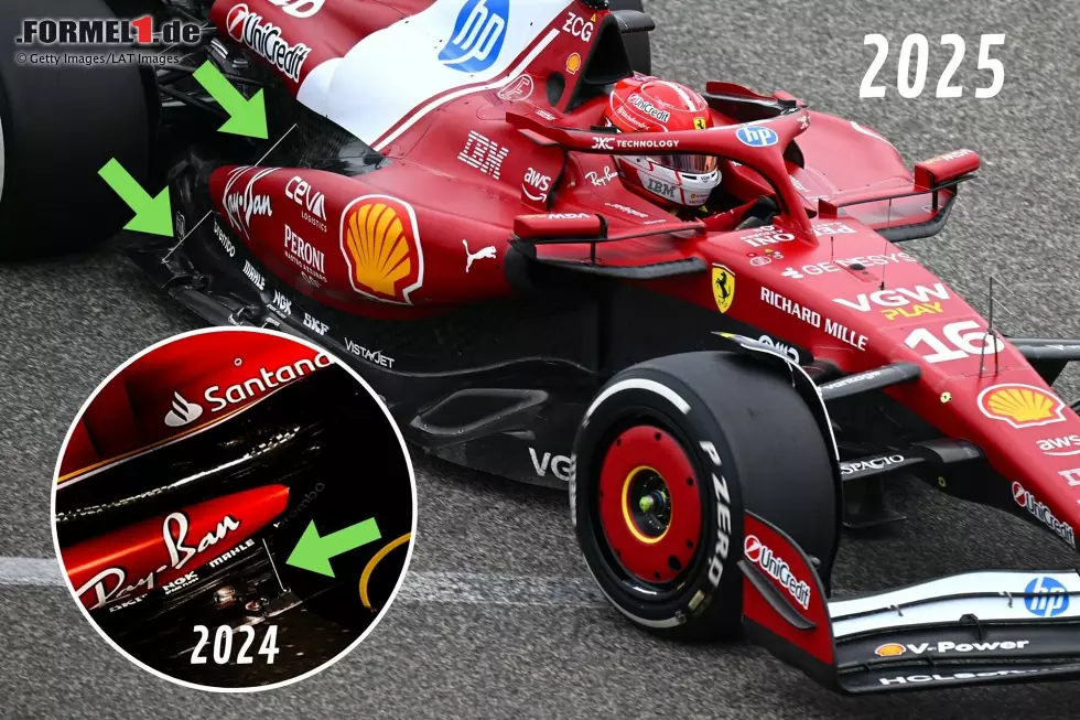 Foto zur News: Ferrari setzt am SF-25 eine besser sichtbare Haltstrebe für den Unterboden ein, die nun sogar einmal quer durch den hinteren Ausläufer des Seitenkastens hindurchführt. 2024 war zumindest ein Teil der Strebe noch verdeckt gewesen.