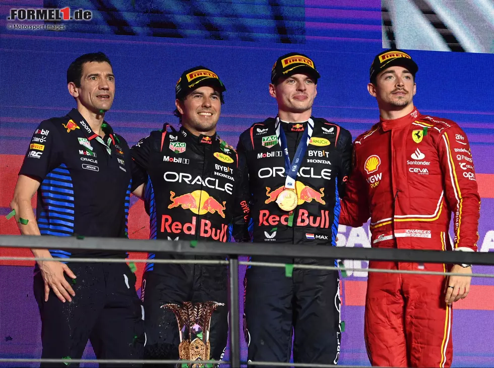 Foto zur News: Sergio Perez, Max Verstappen, Charles Leclerc